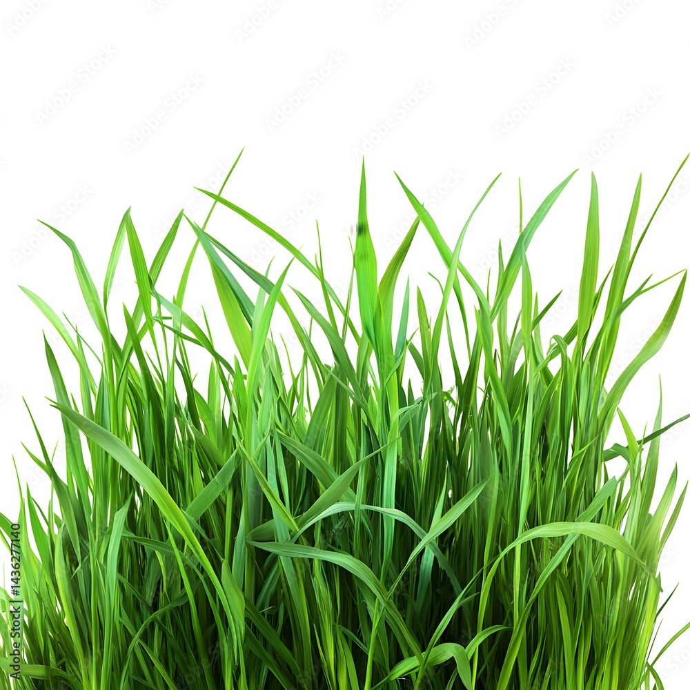 Close up view of vibrant green grass blades against white space isolated on white background Close up view of vibrant green grass blades against white space isolated on white background