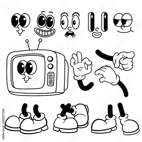 Vector Illustration of a Set of Icons. Groovy Retro Cartoon Character Old TV Elements - Faces, Hands, Body, and Feet