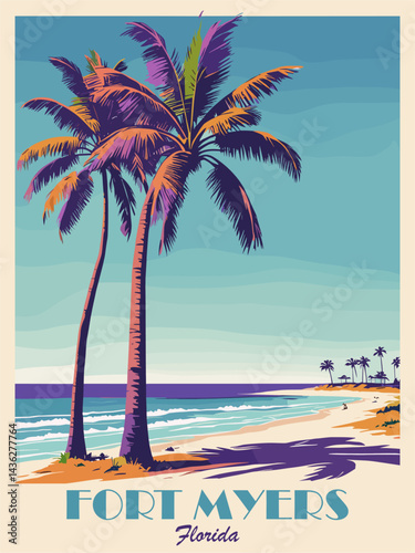 Fort Myers, Florida, USA travel destination poster in retro style. Colorful seascape vector illustration