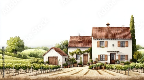 Wallpaper Mural Vinecovered farmhouses, European rural landscape, morning mist, serene lifestyle, watercolor style Torontodigital.ca