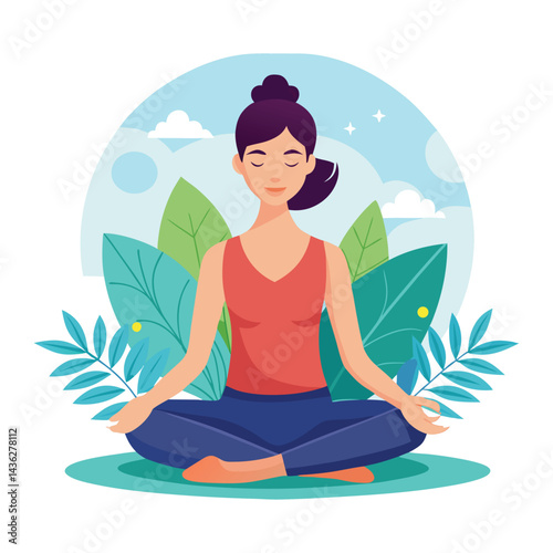 Woman sitting in lotus position practicing yoga vector