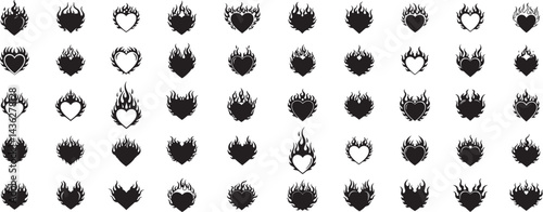flames and fire, acid neo tribal shapes, y2k elements and abstract illustrations in gothic style, heart and love symbols