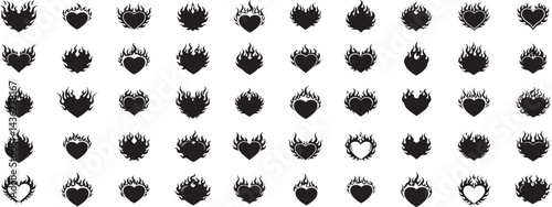 flames and fire, acid neo tribal shapes, y2k elements and abstract illustrations in gothic style, heart and love symbols