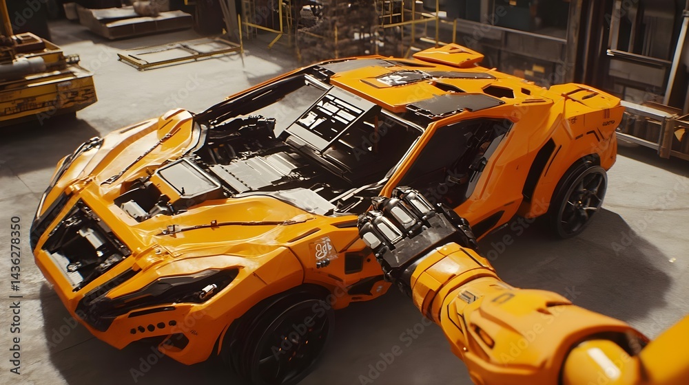 Fototapeta premium Smooth Robot Movement Toward Vehicle in Industrial Setting