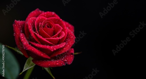 Beautiful red rose with water droplets on petals against a dark background perfect for romantic themes and floral designs