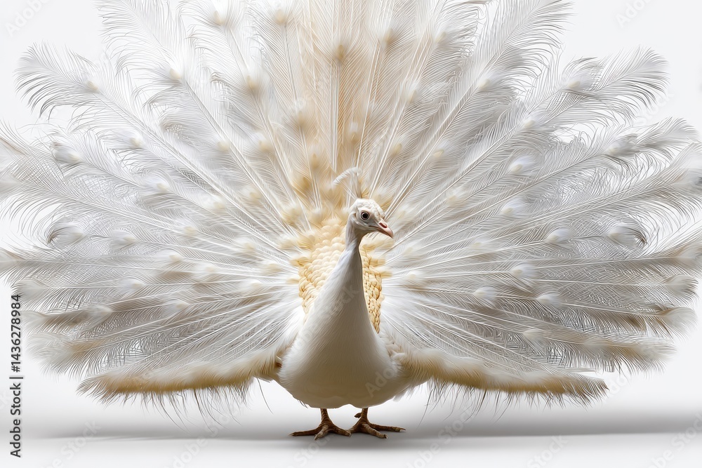 Fototapeta premium A magnificent white peacock displays its elaborate plumage.