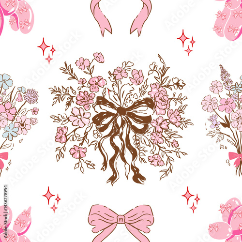 bow pattern seamless, vintage flowers, Vintage Retro Pink Seamless Pattern, Pink Vintage Coquette valentine seamless file, Retro Pink seamless file, Retro coquette Digital wallpaper, ribbon background