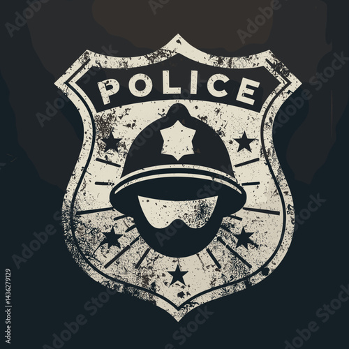 Police badge emblem, vintage style, distressed texture, monochrome background with copy space