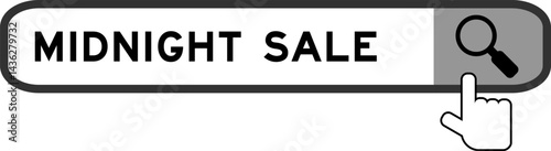 Search banner in word midnight sale with hand over magnifier icon on white background