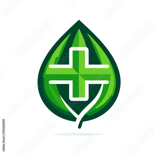 Stylized green leaf with plus sign, modern geometric design representing health and wellness on white background with copy space