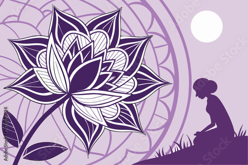 7 Intricate mandala flower, layered paper art, 3D geometric pattern, purple and lavender tones, symmetrical design, detailed petal structure, lotus-inspired, textured background, soft gradient, ornate