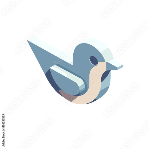 3D minimalist bird design, clean lines and soft blue color on white background with copy space