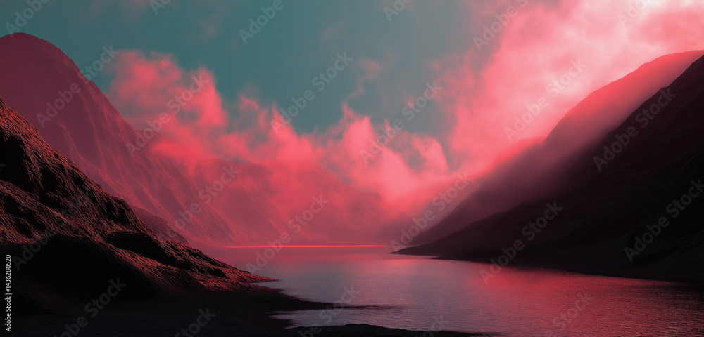 Surreal Synthwave Inspired Mountains and Lake with Pink Mist