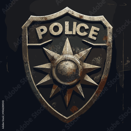 Textured police badge with star emblem, metallic design and distressed appearance on dark background with copy space