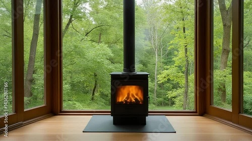 Cozy wood stove in modern cabin with forest view through windows