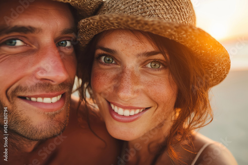 Obraz na płótnie Happy Smiling Couple with Freckles Wearing Straw Hats at Sunset w salonie