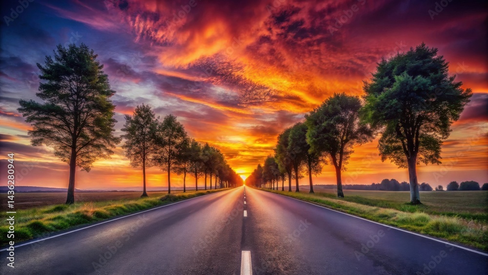 Fototapeta premium Asphalt Path to a Fiery Sunset Sky A Scenic Drive Through a Tree-Lined Road at Dawn