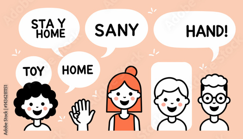 Stay Safe_Stay Home_Cartoon Characters_Wash Your Hands_Health Awareness_Prevention Measures_Safety Tips_Cute Illustration_Family Health_Hygiene Promotion