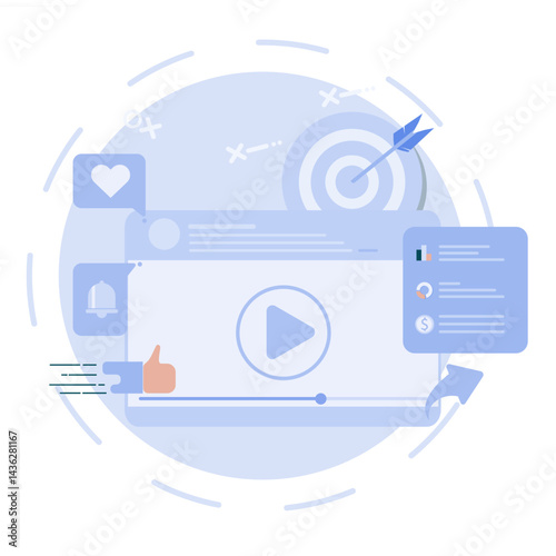 Video marketing illustration. The concept of video content monetized on social networks and digital video advertising.