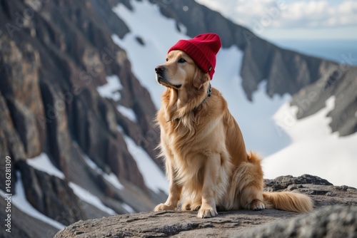 Golden retriever wearing a red hat sitting on a rocky mountain landscape under a bright sky