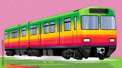 A green, yellow, orange, and red train speeding along tracks with a pink background