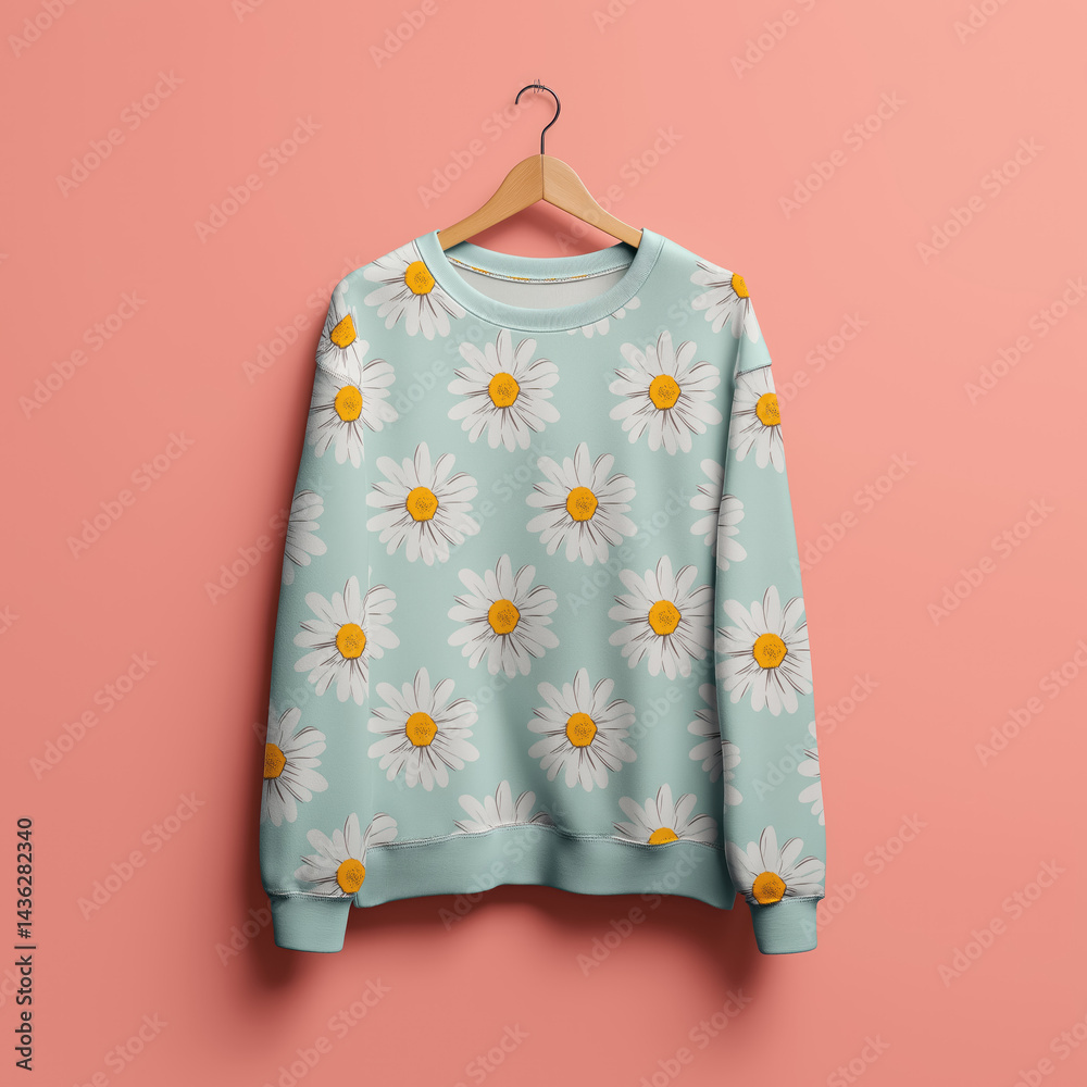 Cute Daisy Flower Pattern Sweatshirt on Coral Pastel Background
