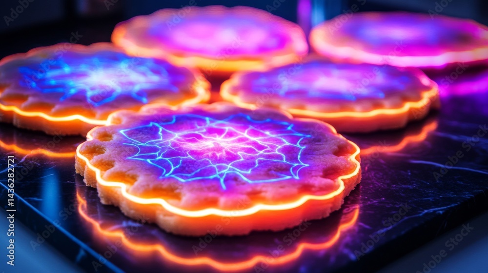 Fototapeta premium Glowing Cookies with Neon Patterns on Dark Surface