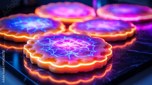 Glowing Cookies with Neon Patterns on Dark Surface