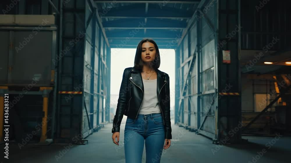 Confident woman in leather jacket and jeans walking forward in a modern ...