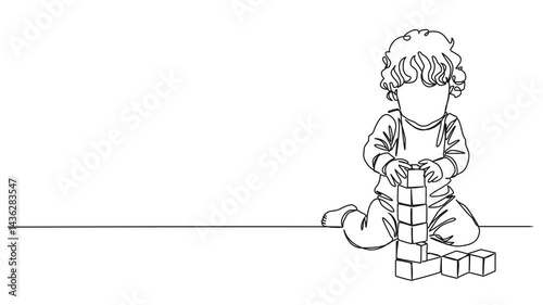 animated continuous single line drawing of young child playing on floor with toy blocks, line art animation