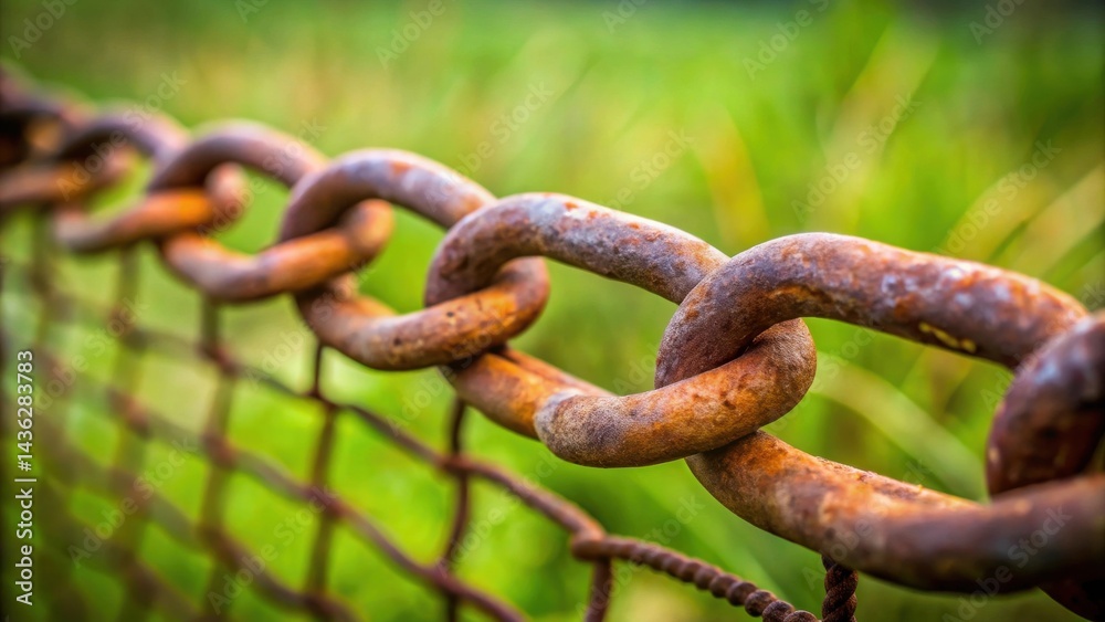 Rustic, weathered chain links interlocked, creating a durable and aged barrier against a softly blurred verdant backdrop Rustic, weathered chain links interlocked, creating a durable and aged barrier against a softly blurred verdant backdrop