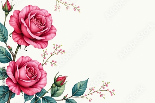 Intricate watercolor rose blooms, vines & leaves , repeat, spring, flowers