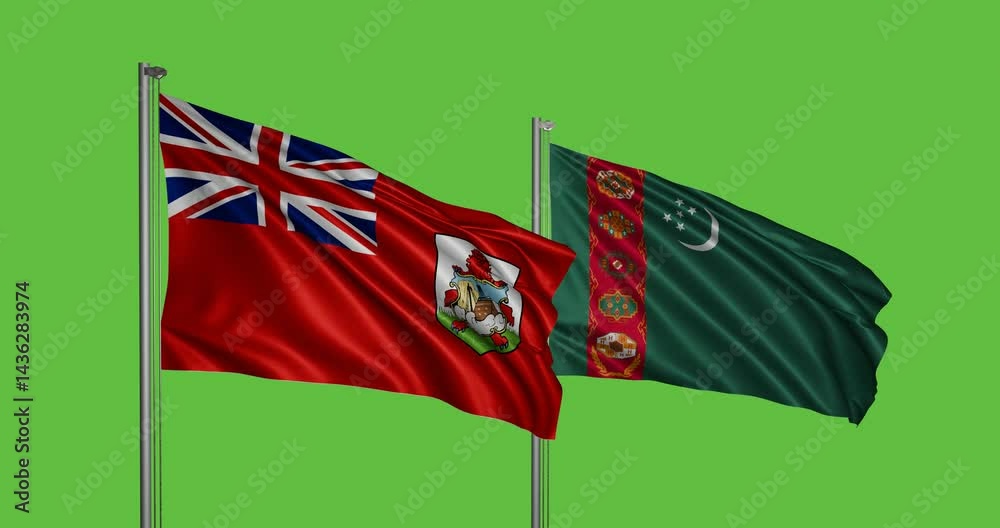 Bermuda and Turkmenistan 3D flags, Pride sculpted by the wind, chroma key background