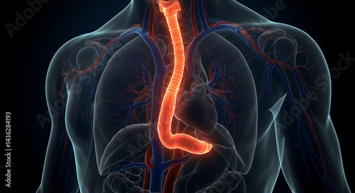 Anatomical visualization focusing on the highlighted esophagus structure within