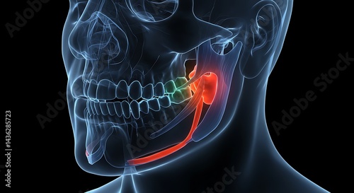 Medical visualization showcasing human skull anatomy emphasizing jaw joint structure