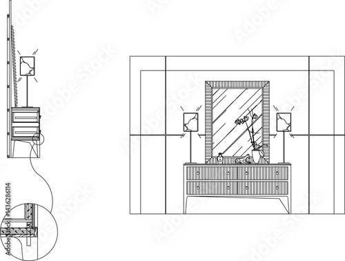 vector sketch illustration silhouette design of classic vintage modern mirror glass for make up in bedroom