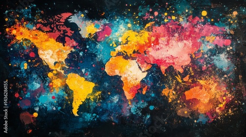 Colorful Abstract World Map Painting on Dark Background