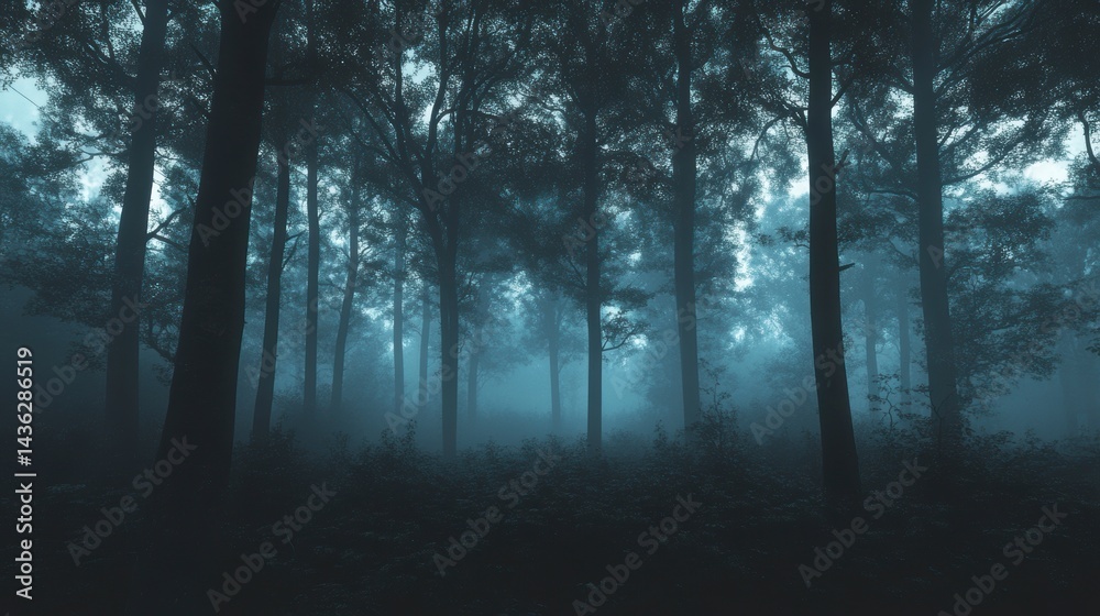 Fototapeta premium Mysterious, dark forest path shrouded in dense fog at twilight.