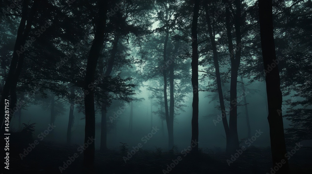 Obraz premium Dark, misty forest with tall trees creating a mysterious and eerie atmosphere.