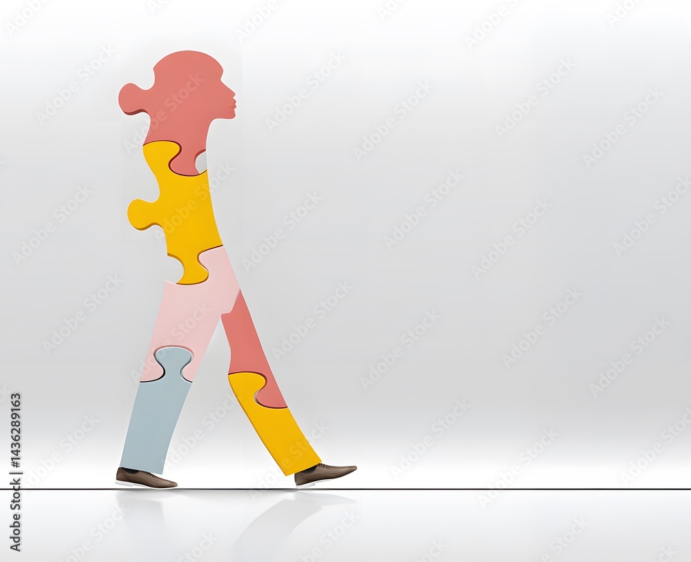 Obraz premium Silhouette of a person made from colorful puzzle pieces symbolizing autism spectrum individuality support awareness inclusivity and diversity