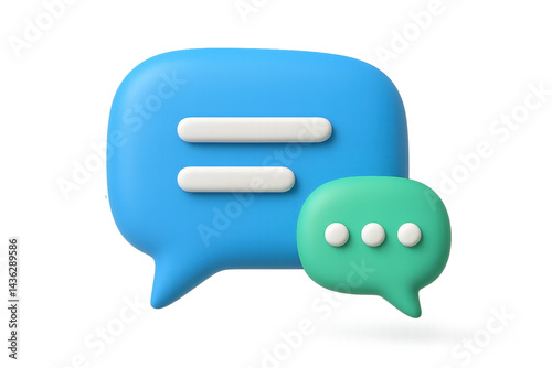 Colorful 3d speech bubbles - blue and green chat icons with message symbols. Isolated illustration