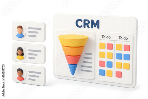 Colorful crm interface with funnel and task management features. Isolated illustration