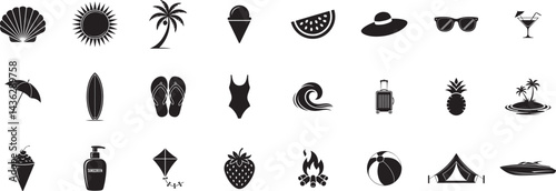 Summer Vacation Icons Set Black And White Beach Travel Holiday Symbols Illustration