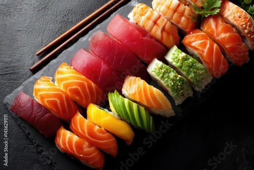 Colorful assortment of fresh sushi pieces on a dark slate plate. photo