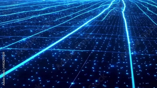 4K Digital cyberspace with particles and Digital data network connections. Abstract technology data flow, blue digital glowing grid, connection concept, big data, futuristic background, seamless loop