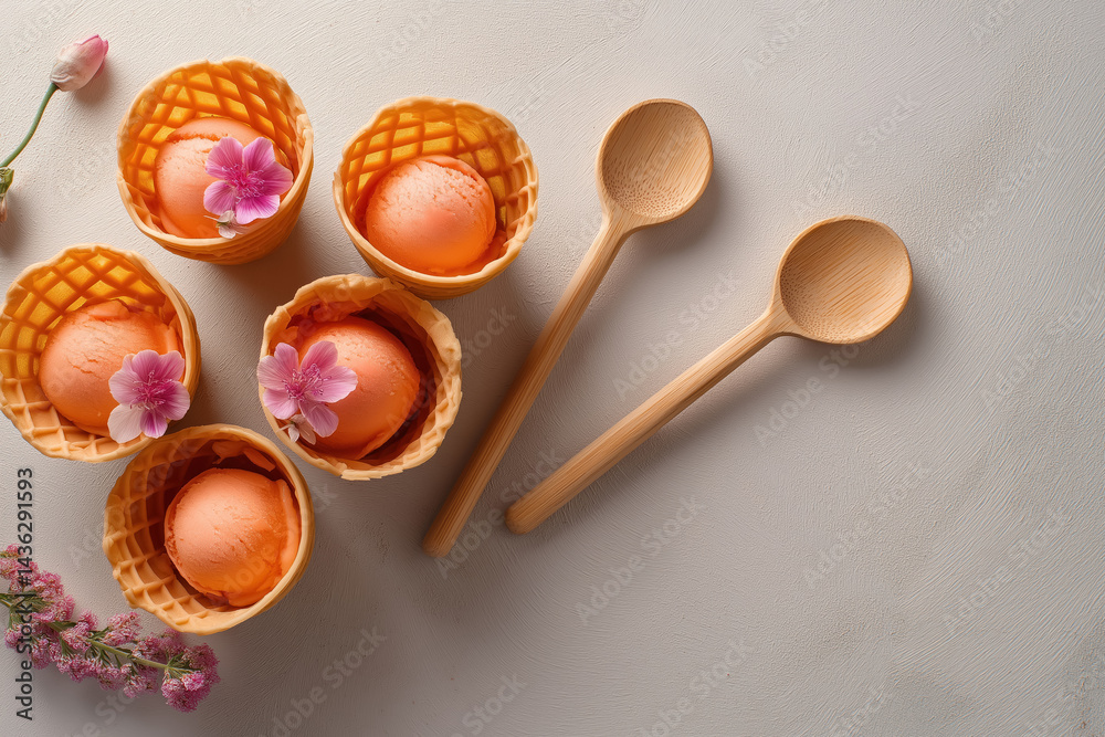 delicious orange ice cream scoops served in edible waffle cups with flowers zero waste concept flat lay