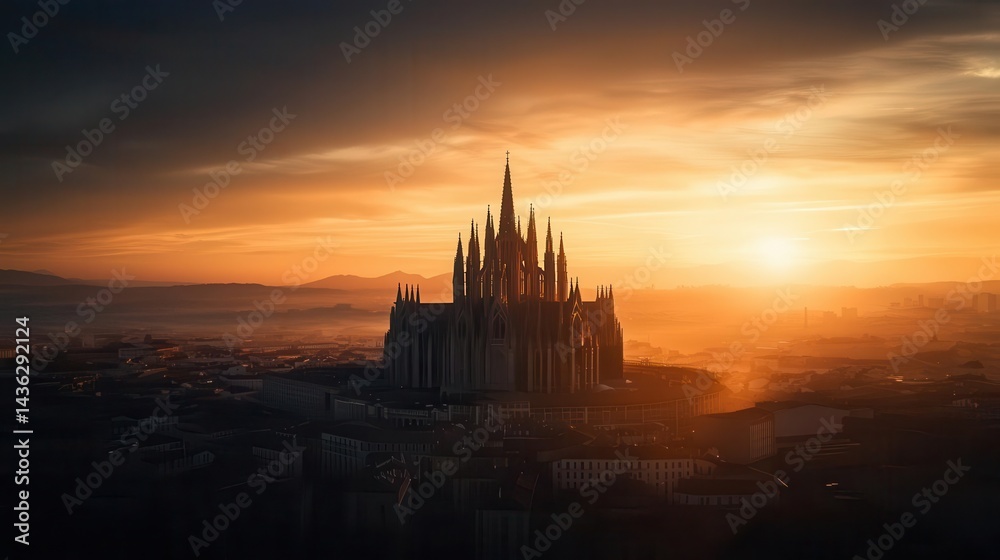 Naklejka premium A grand European cathedral standing against a breathtaking sunset, its gothic rooftops glowing in majestic splendor