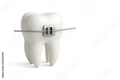 White tooth with braces wire isolated on white background. Isolated illustration