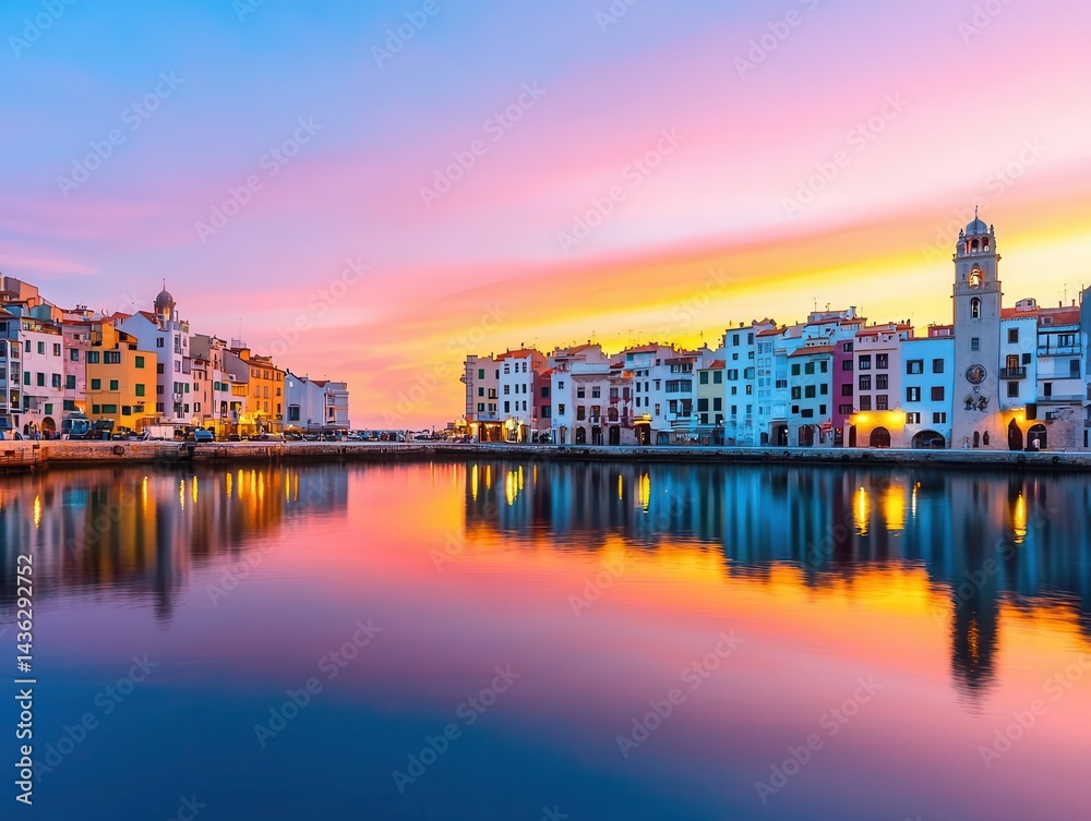 Fototapeta premium A historic European harbor at dusk, gothic rooftops reflecting in the calm waters under a pastel sunset sky