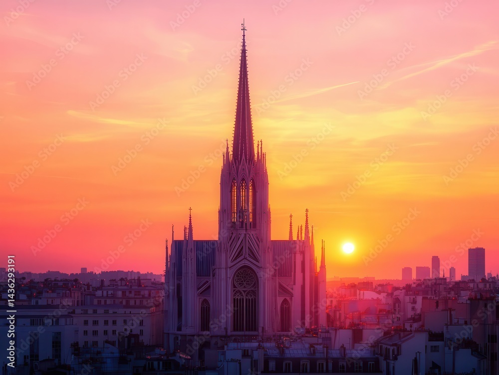 Fototapeta premium A grand cathedral s spires glowing under the setting sun, gothic rooftops reflecting warm amber tones